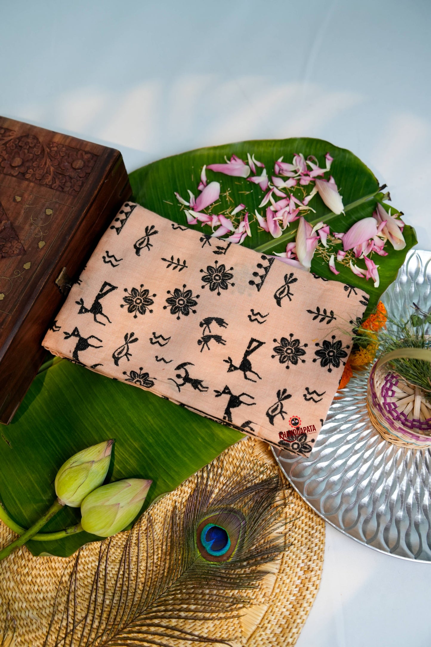 Beige & Black Embroidery Tribal Design Unstitched Cotton Suit For Women