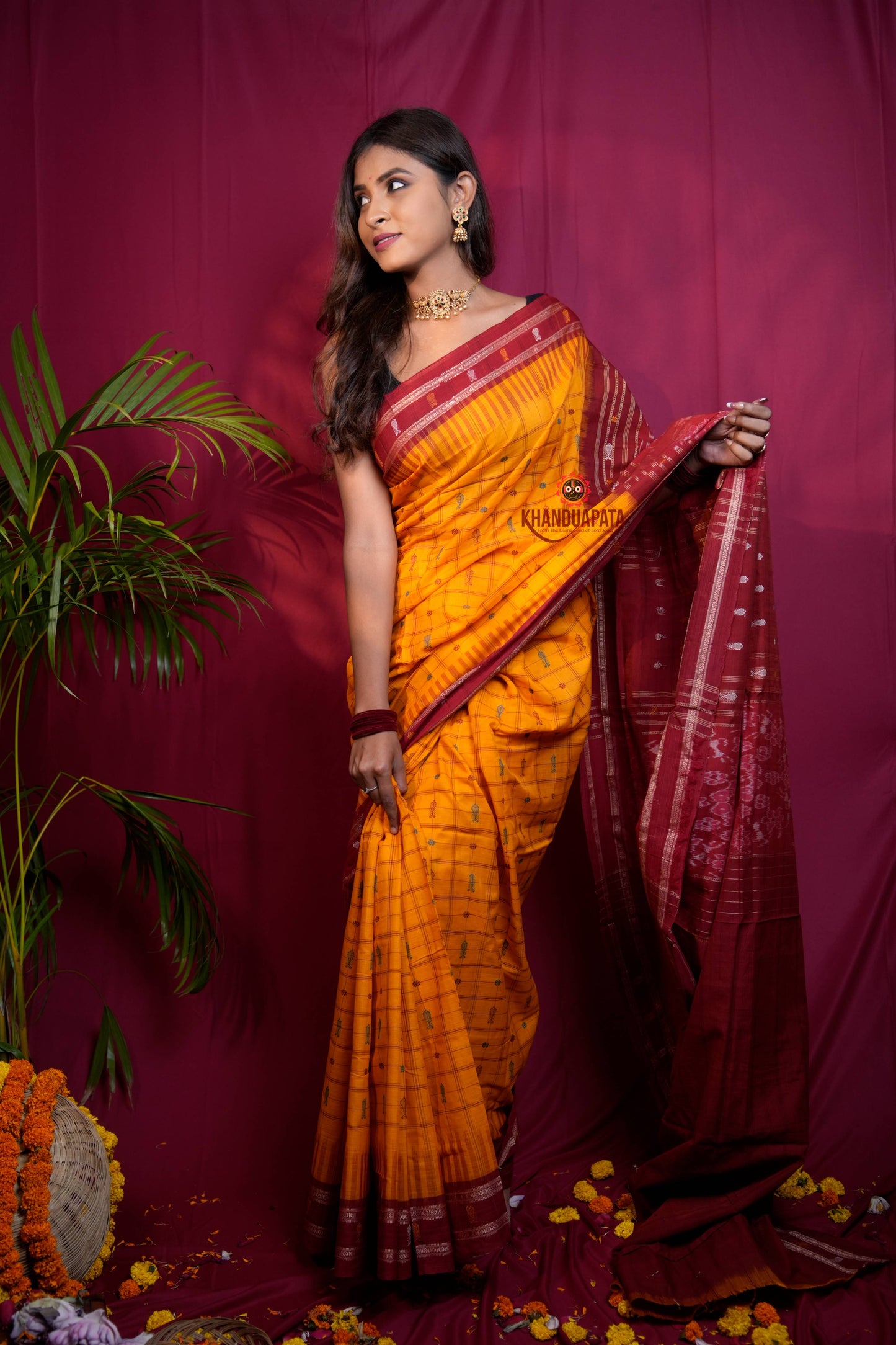 Red & Yellow Colour Fish Design Cotton Saree For Women