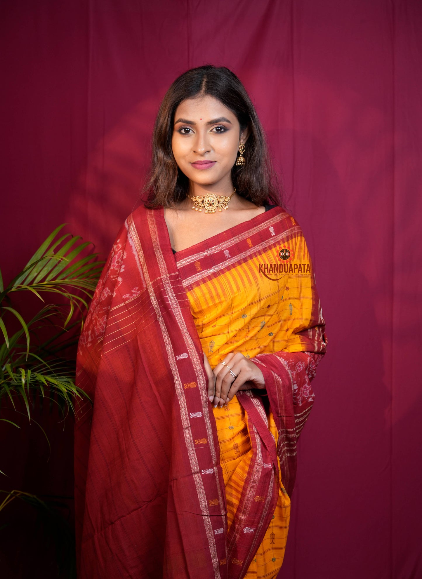 Red & Yellow Colour Fish Design Cotton Saree For Women
