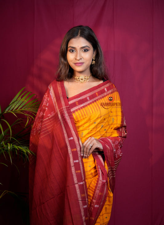 Red & Yellow Colour Fish Design Cotton Saree For Women