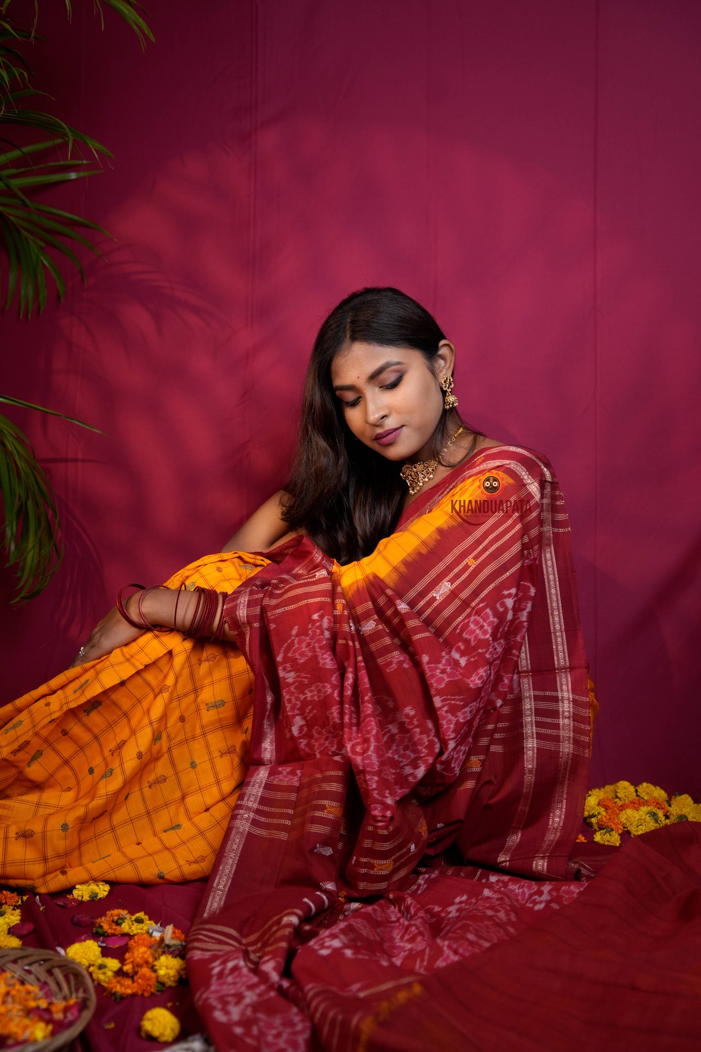Red & Yellow Colour Fish Design Cotton Saree For Women