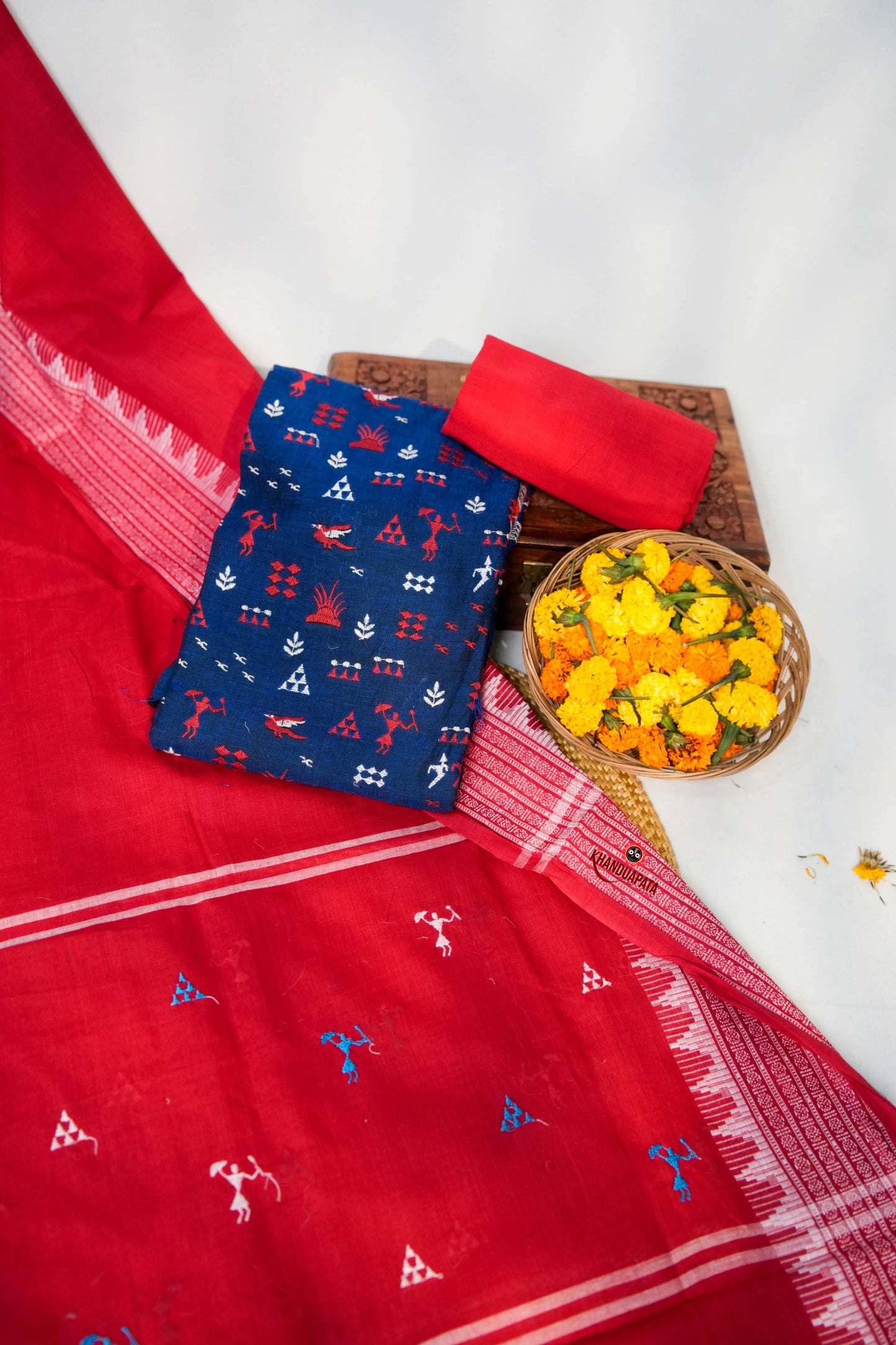 Blue & Red Embroidery Tribal Design Unstitched Cotton Suit For Women