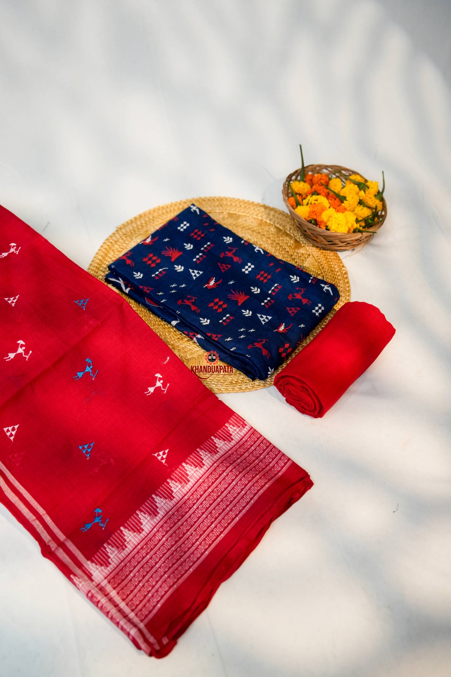 Blue & Red Embroidery Tribal Design Unstitched Cotton Suit For Women