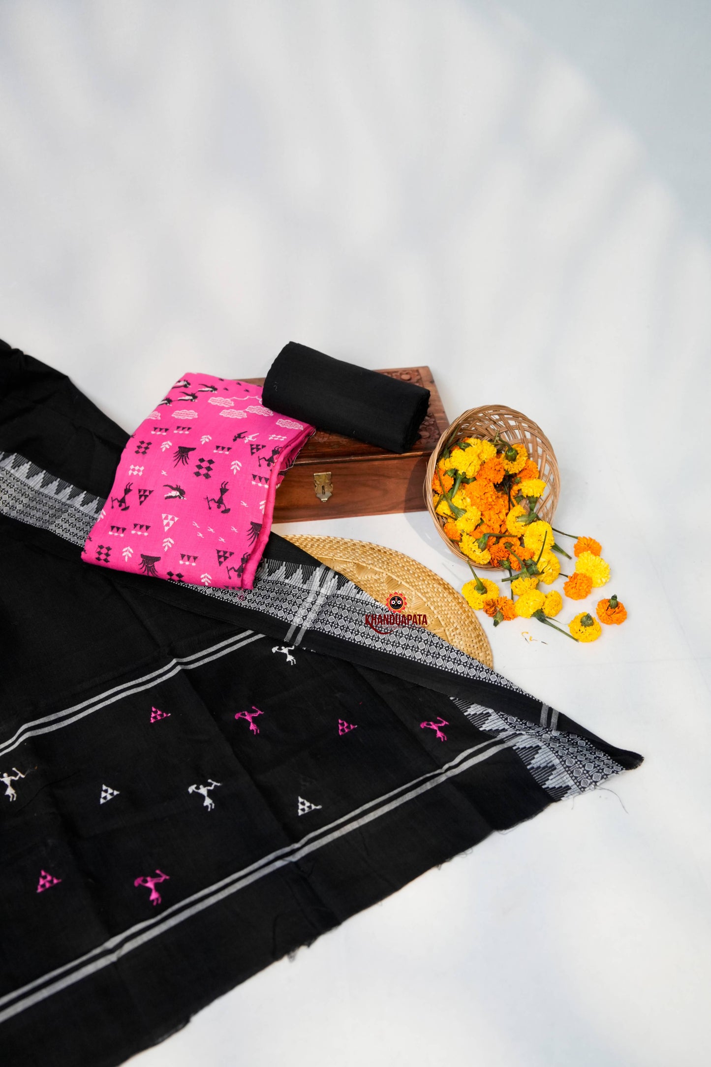 Black & Pink Embroidery Tribal Design Unstitched Cotton Suit For Women