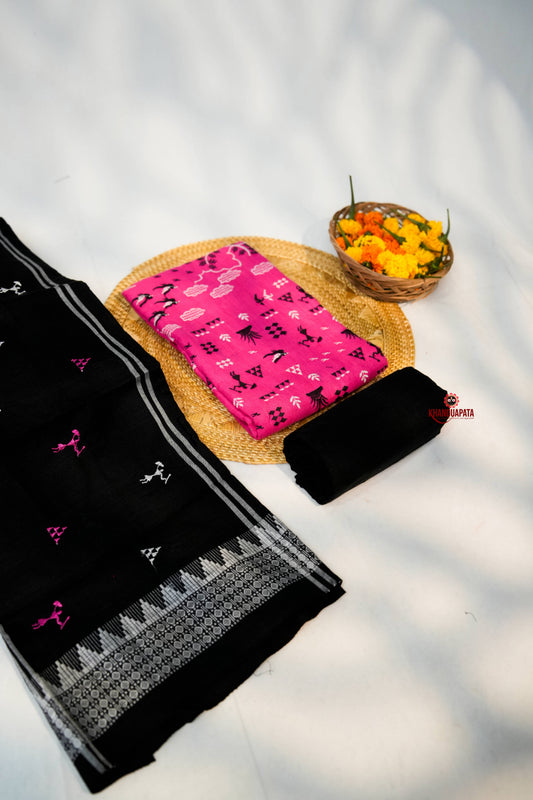 Black & Pink Embroidery Tribal Design Unstitched Cotton Suit For Women