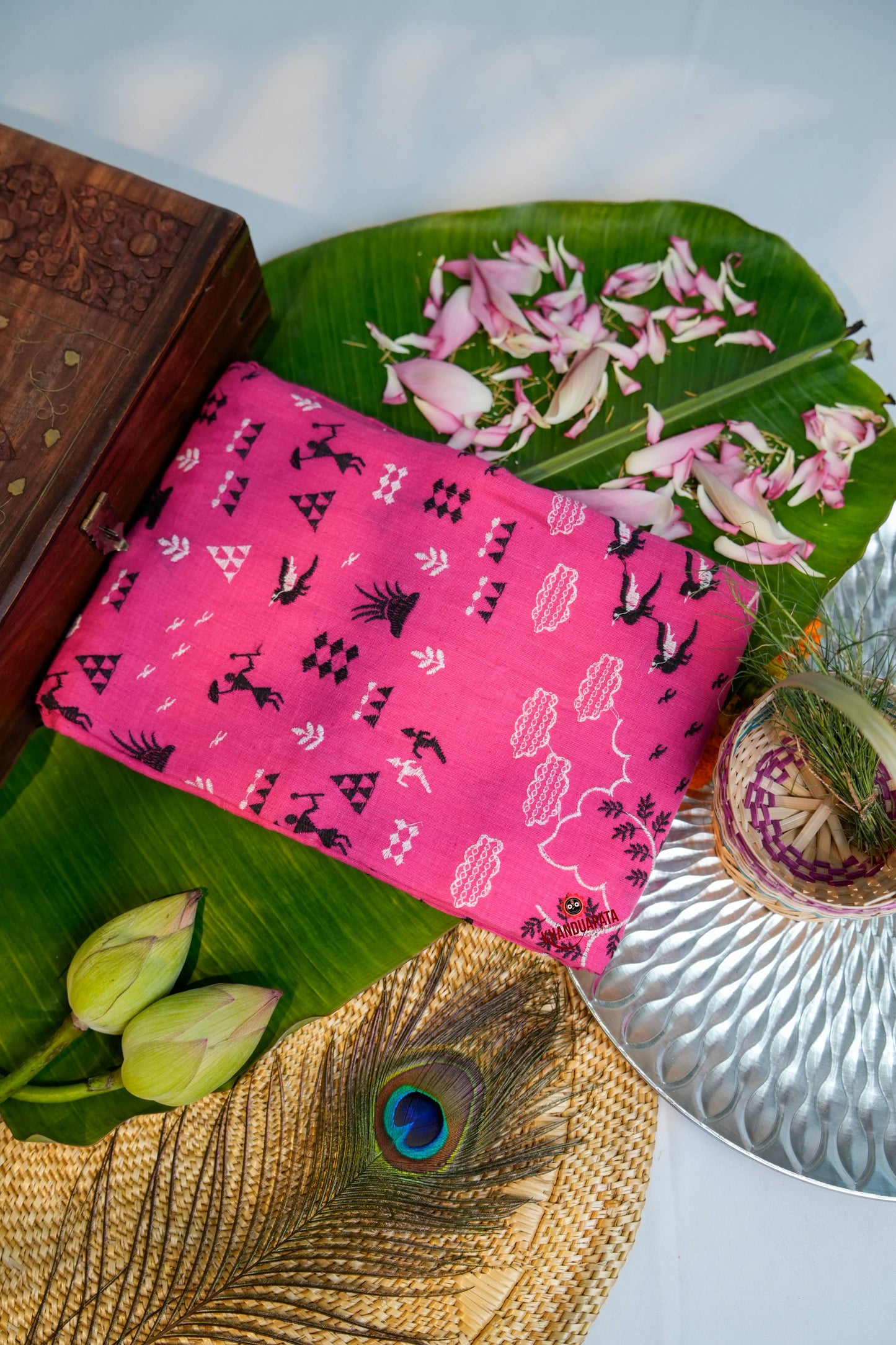 Black & Pink Embroidery Tribal Design Unstitched Cotton Suit For Women