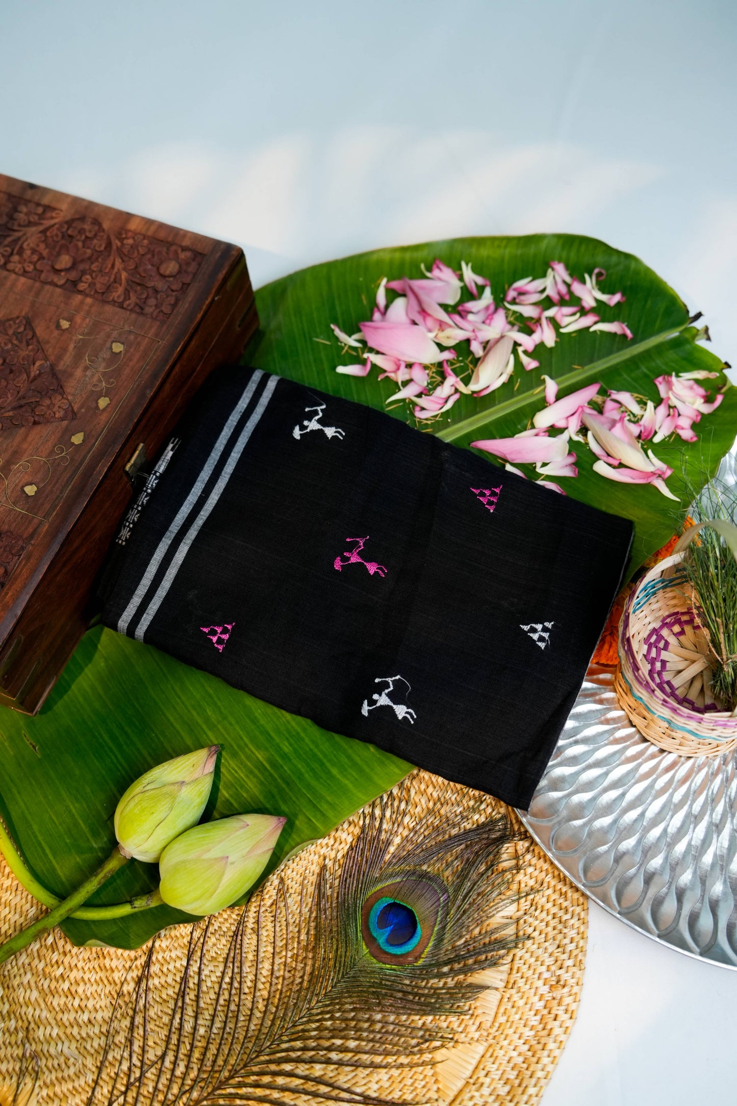 Black & Pink Embroidery Tribal Design Unstitched Cotton Suit For Women