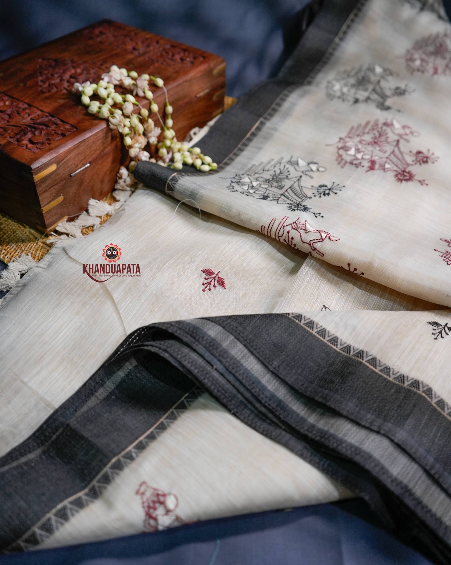 Beige & Black Embroidery Floral Design Chanderi Silk Saree For Women