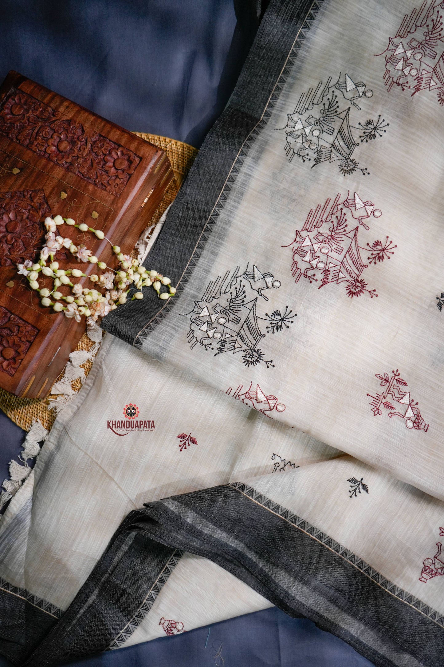 Beige & Black Embroidery Floral Design Chanderi Silk Saree For Women