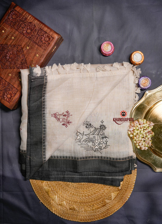 Beige & Black Embroidery Floral Design Chanderi Silk Saree For Women