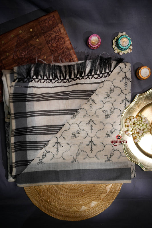 Beige & Black Embroidery Tree Design Chanderi Silk Saree For Women