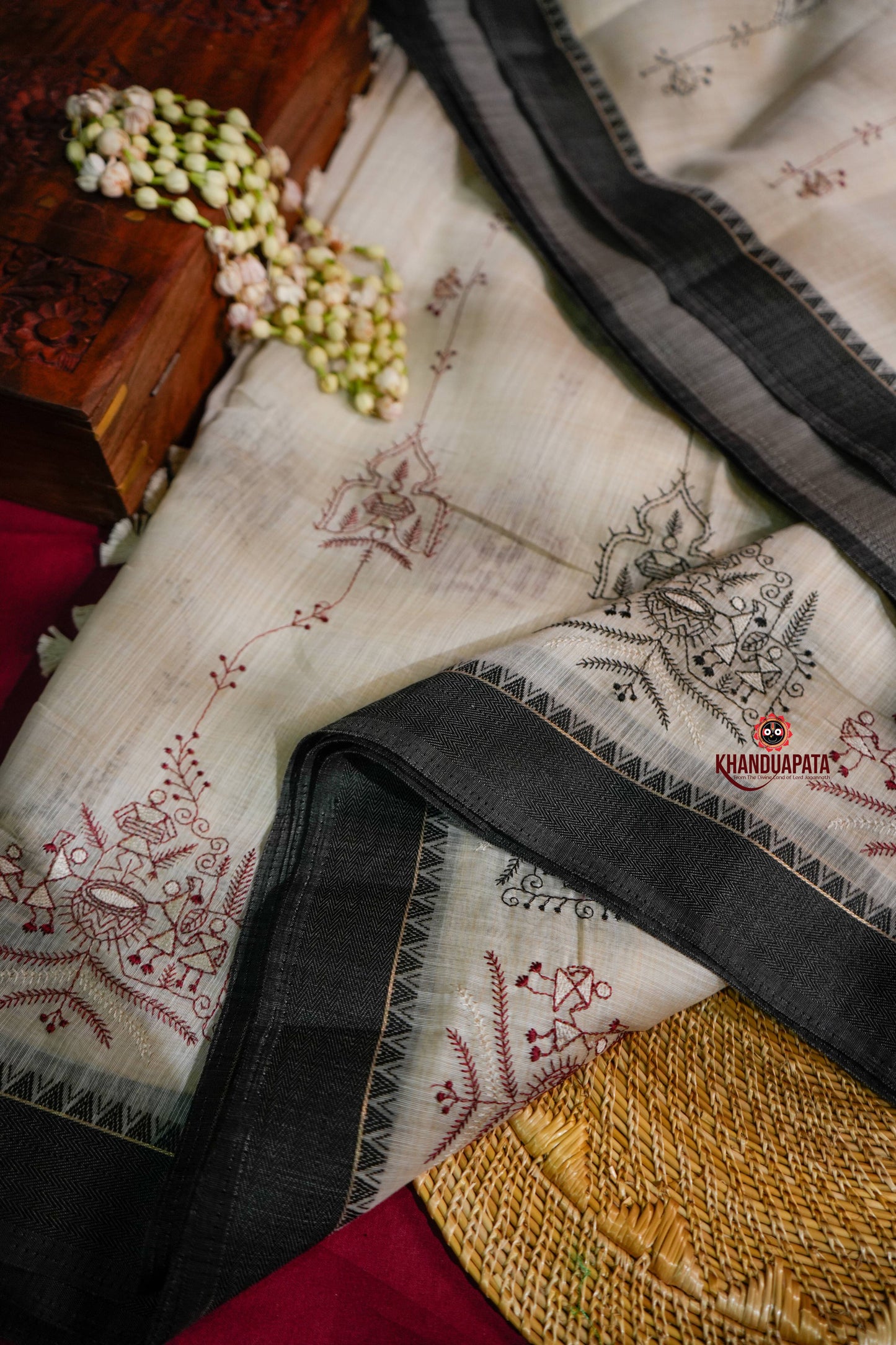 Beige & Black Embroidery Tribal Design Chanderi Silk Saree For Women