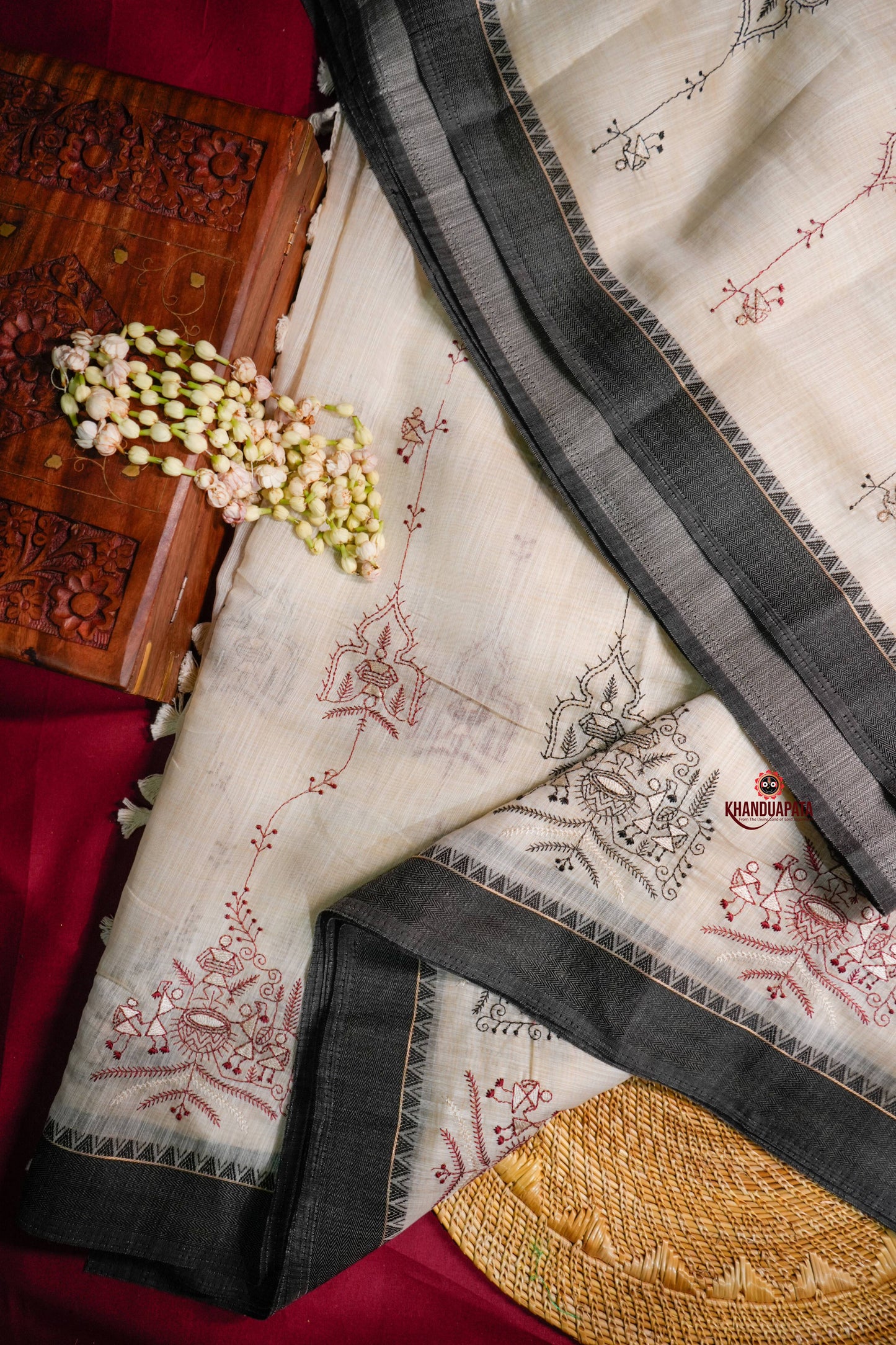 Beige & Black Embroidery Tribal Design Chanderi Silk Saree For Women