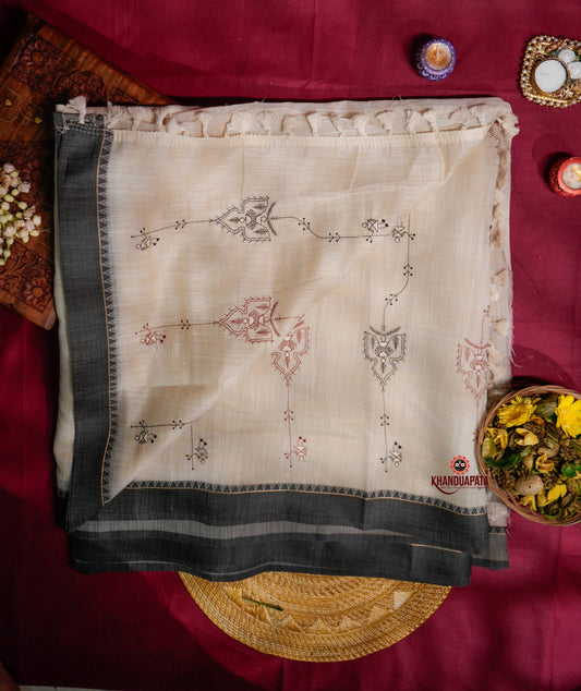 Beige & Black Embroidery Tribal Design Chanderi Silk Saree For Women