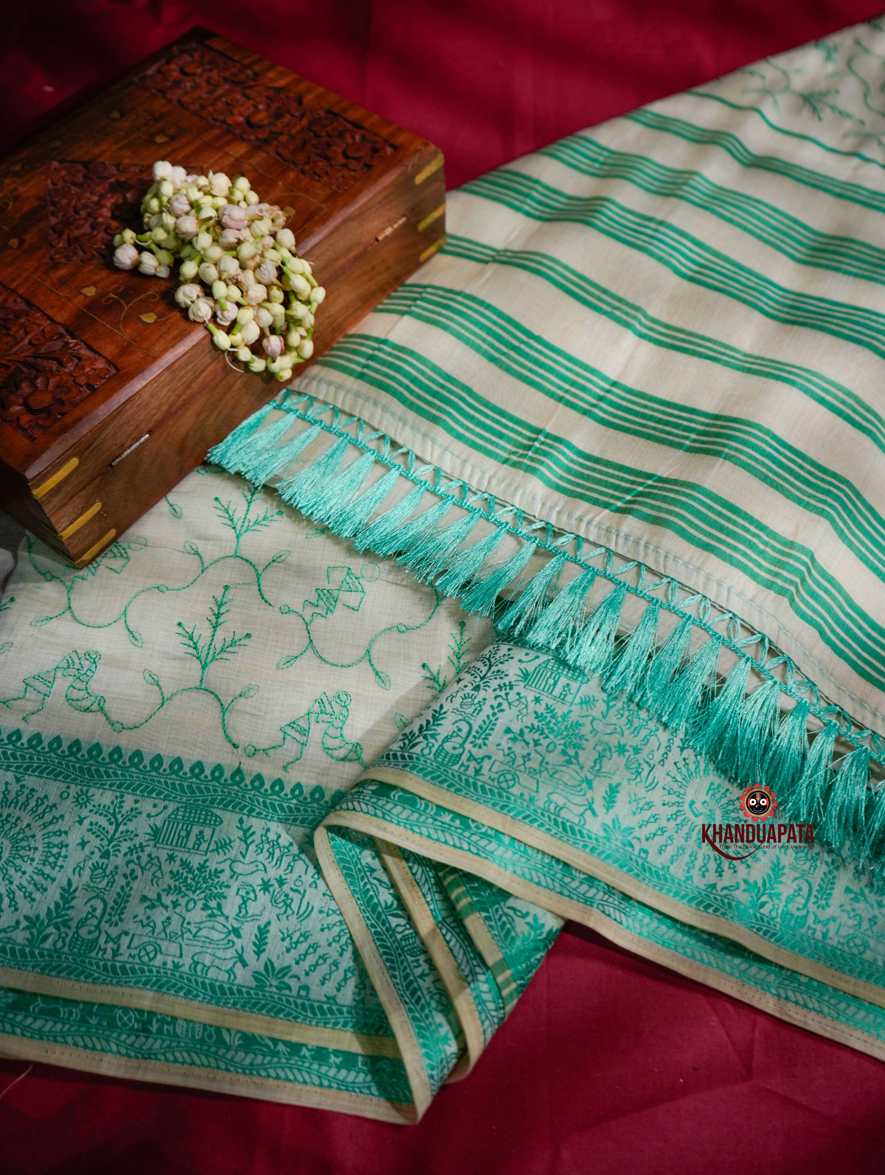 Beige & Green Embroidery Tree Design Chanderi Silk Saree For Women