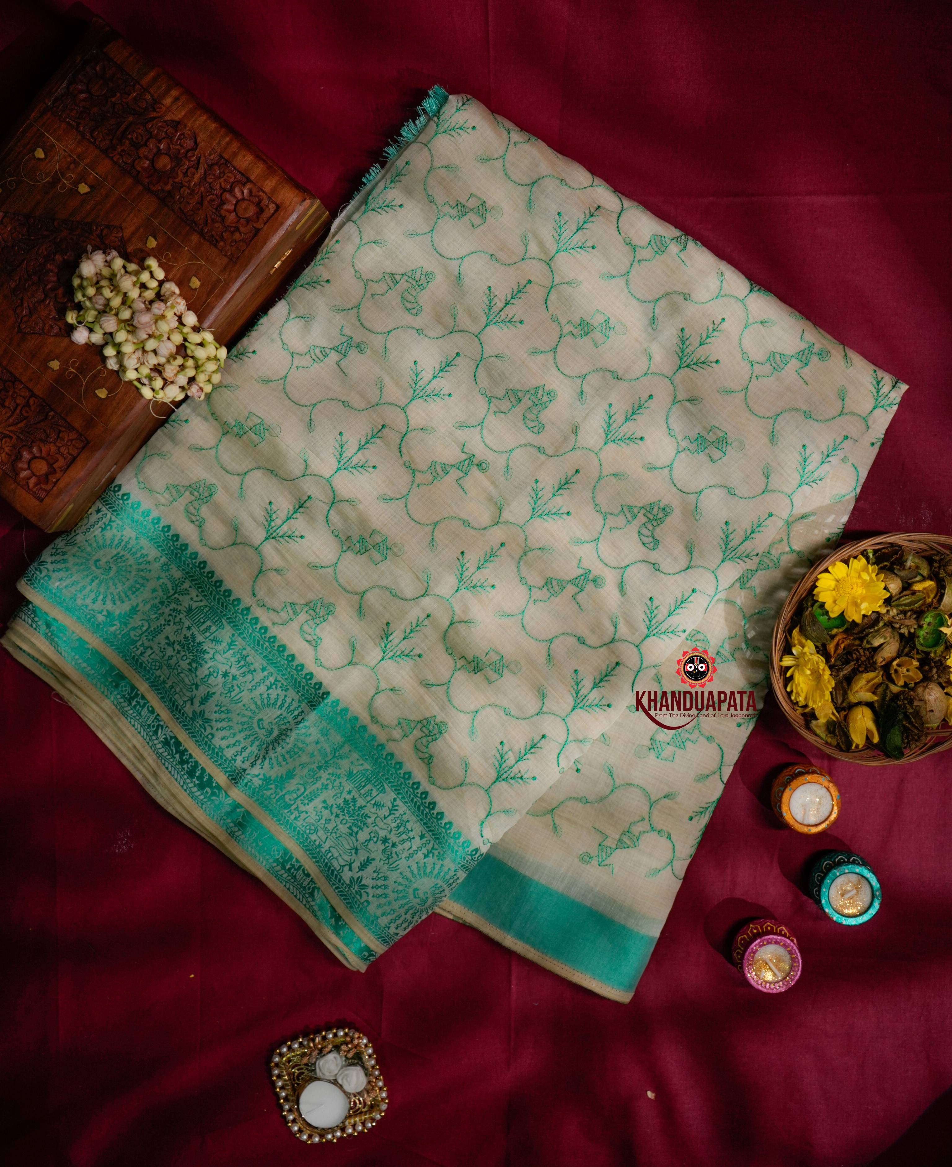 Beige & Green Embroidery Tree Design Chanderi Silk Saree For Women