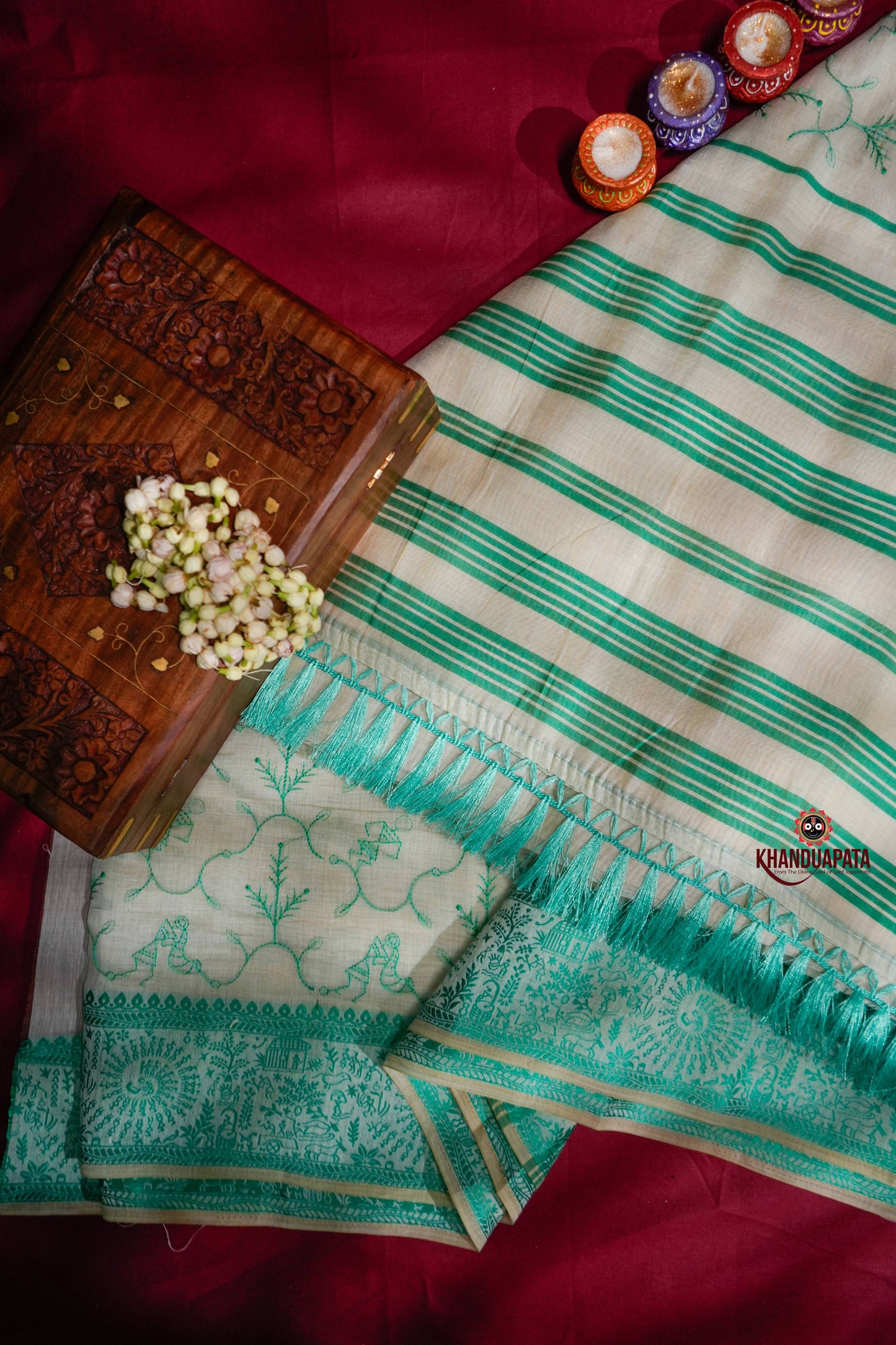 Beige & Green Embroidery Tree Design Chanderi Silk Saree For Women