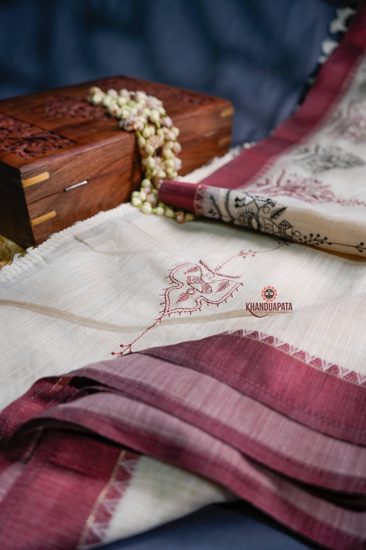Beige & Maroon Embroidery Tribal Design Chanderi Silk Saree For Women