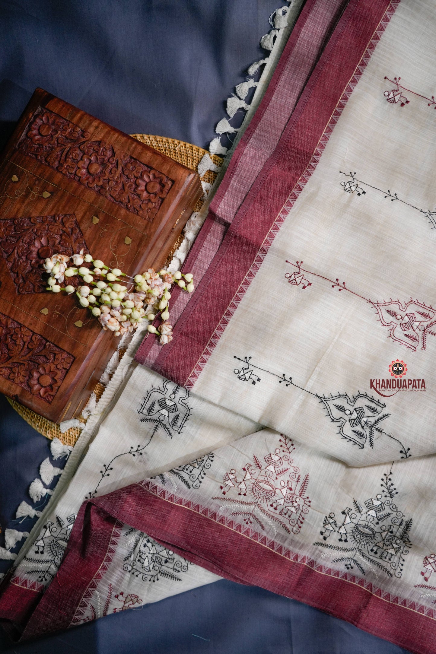 Beige & Maroon Embroidery Tribal Design Chanderi Silk Saree For Women