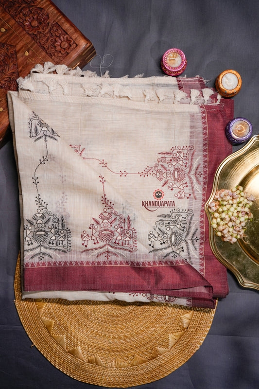 Beige & Maroon Embroidery Tribal Design Chanderi Silk Saree For Women