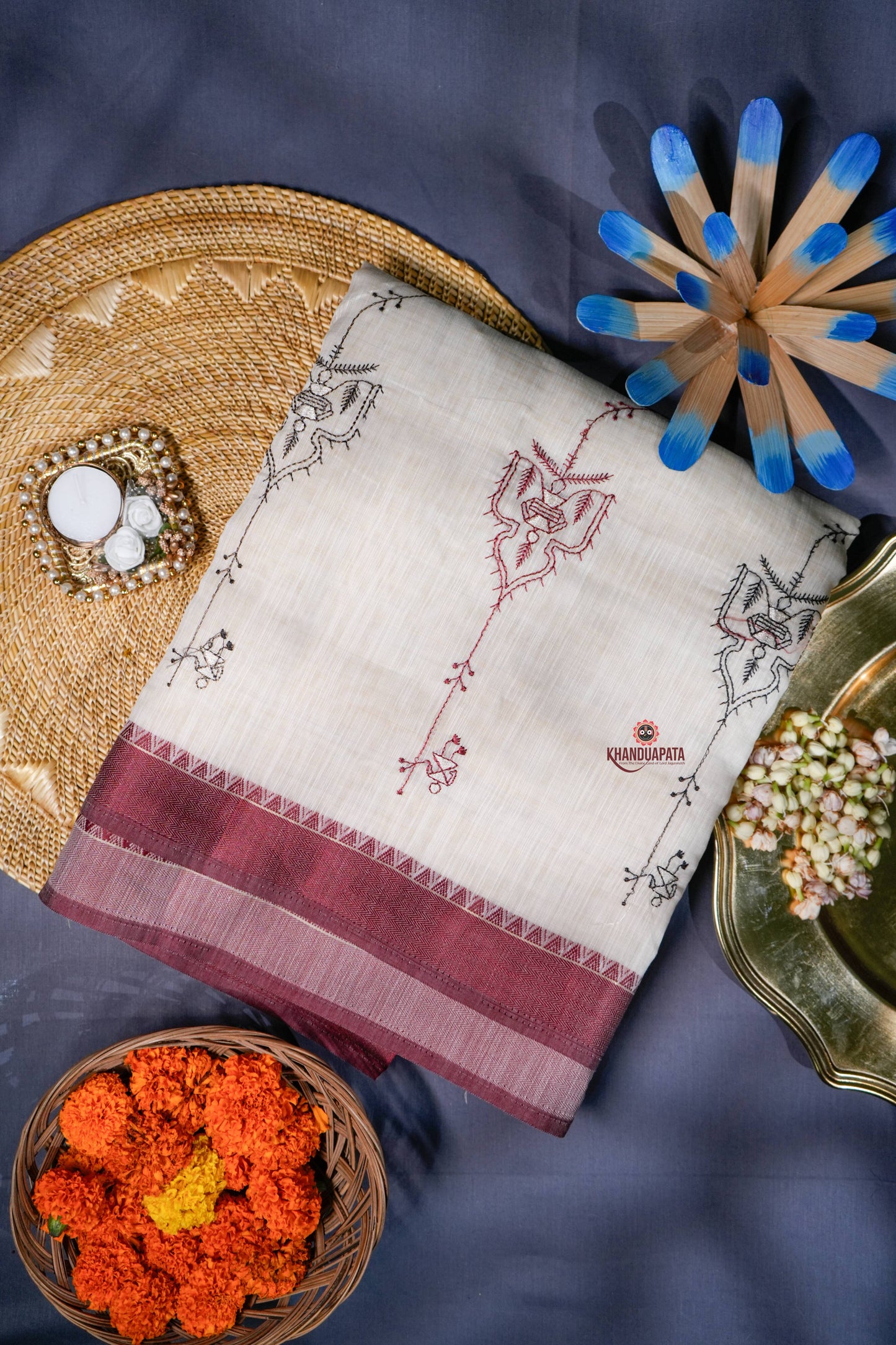 Beige & Maroon Embroidery Tribal Design Chanderi Silk Saree For Women