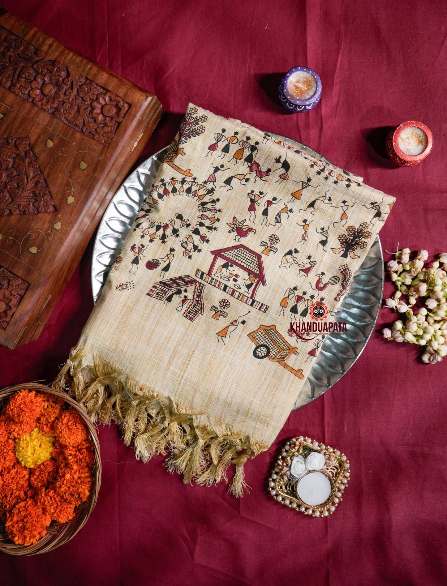 Beige & Golden Colour Festive Vibes Design Khadi Cotton Stole For Women