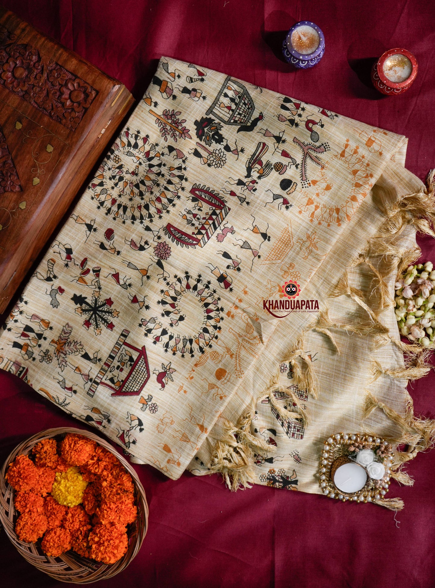 Beige & Golden Colour Festive Vibes Design Khadi Cotton Stole For Women