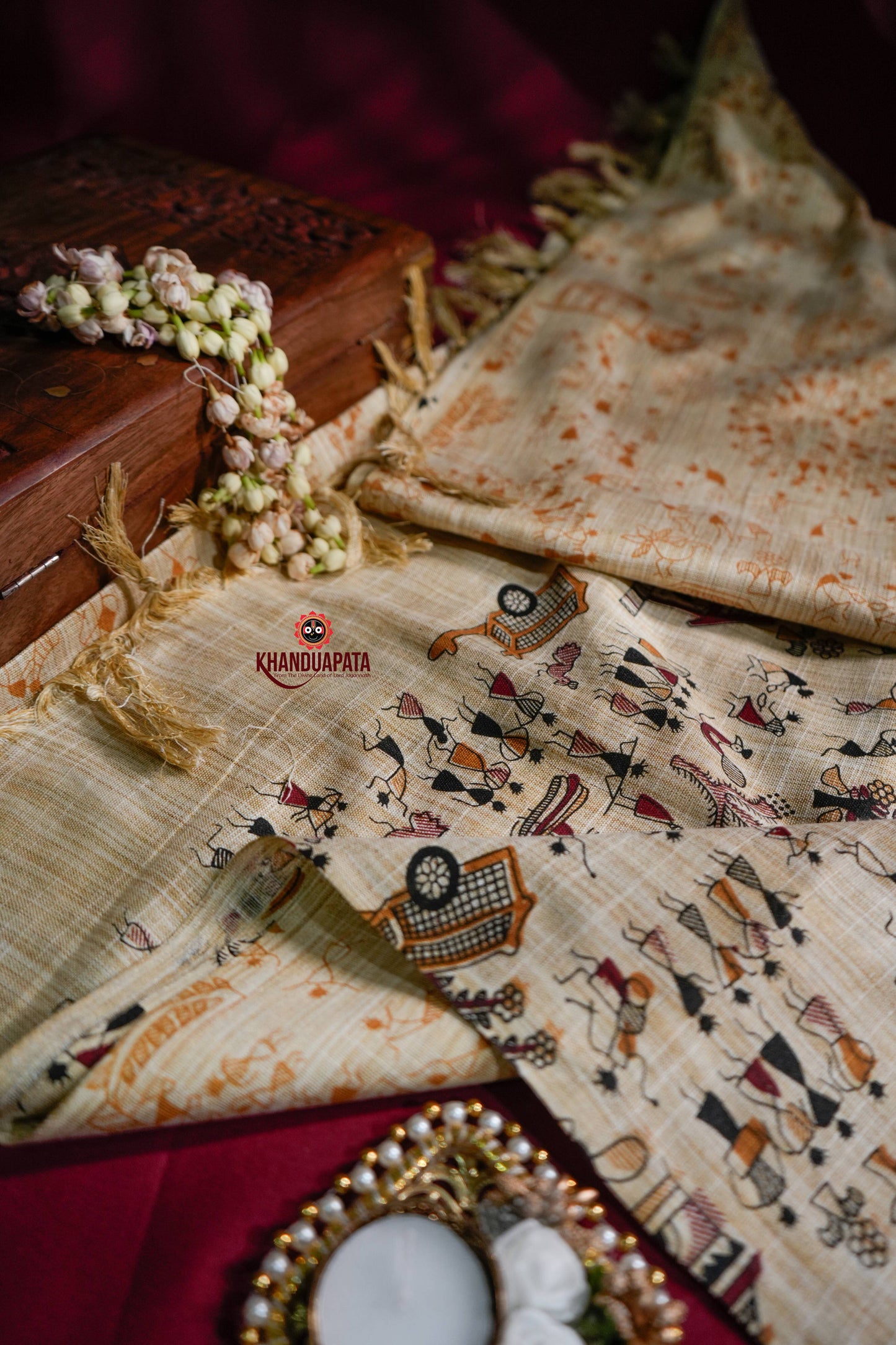 Beige & Golden Colour Festive Vibes Design Khadi Cotton Stole For Women