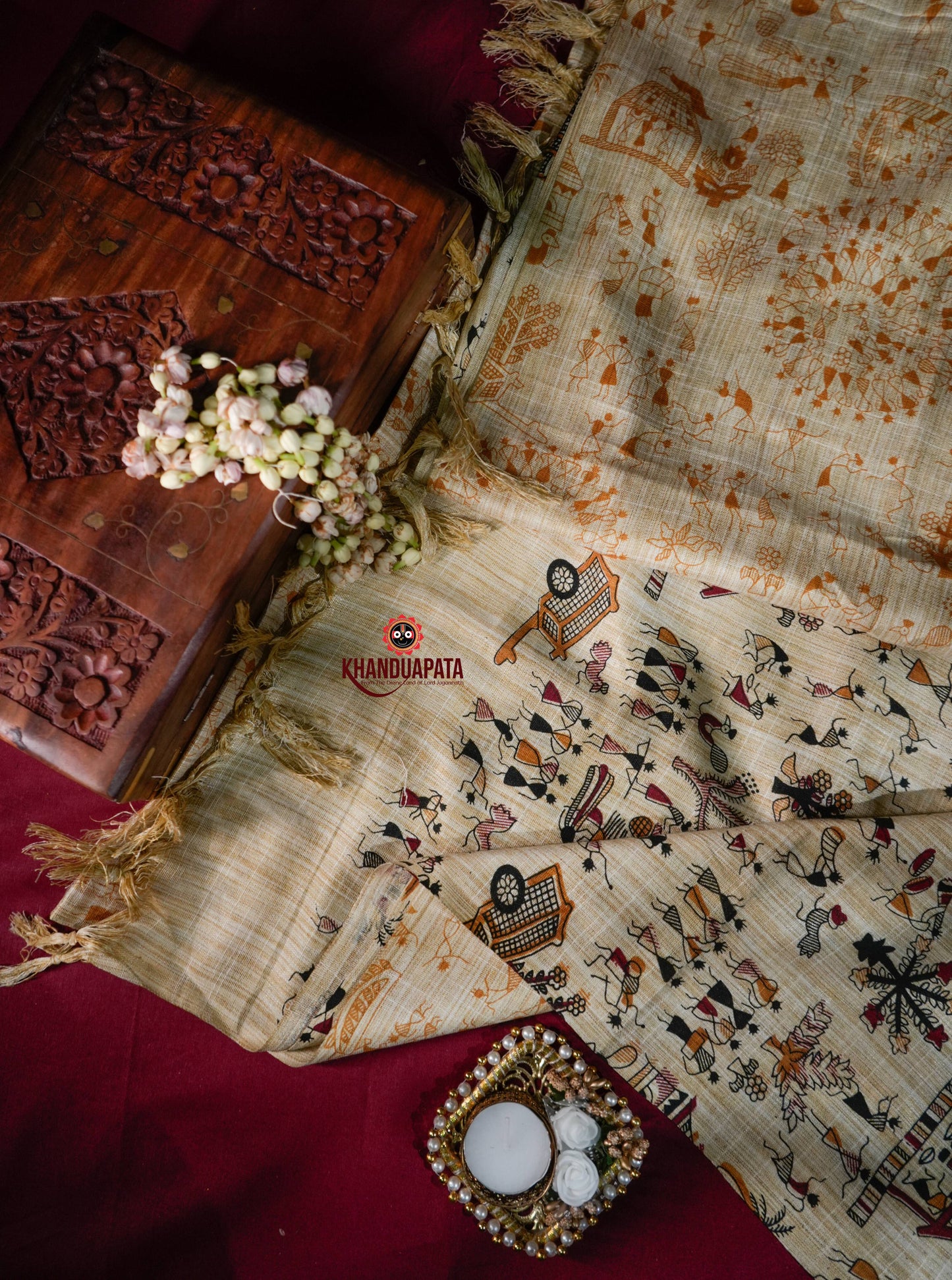 Beige & Golden Colour Festive Vibes Design Khadi Cotton Stole For Women