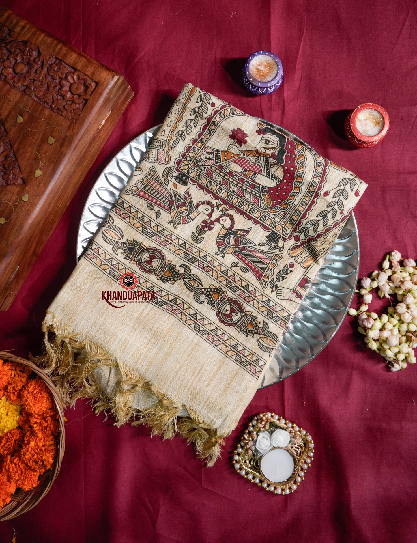 Beige & Maroon Peacock Design Khadi Cotton Stole For Women