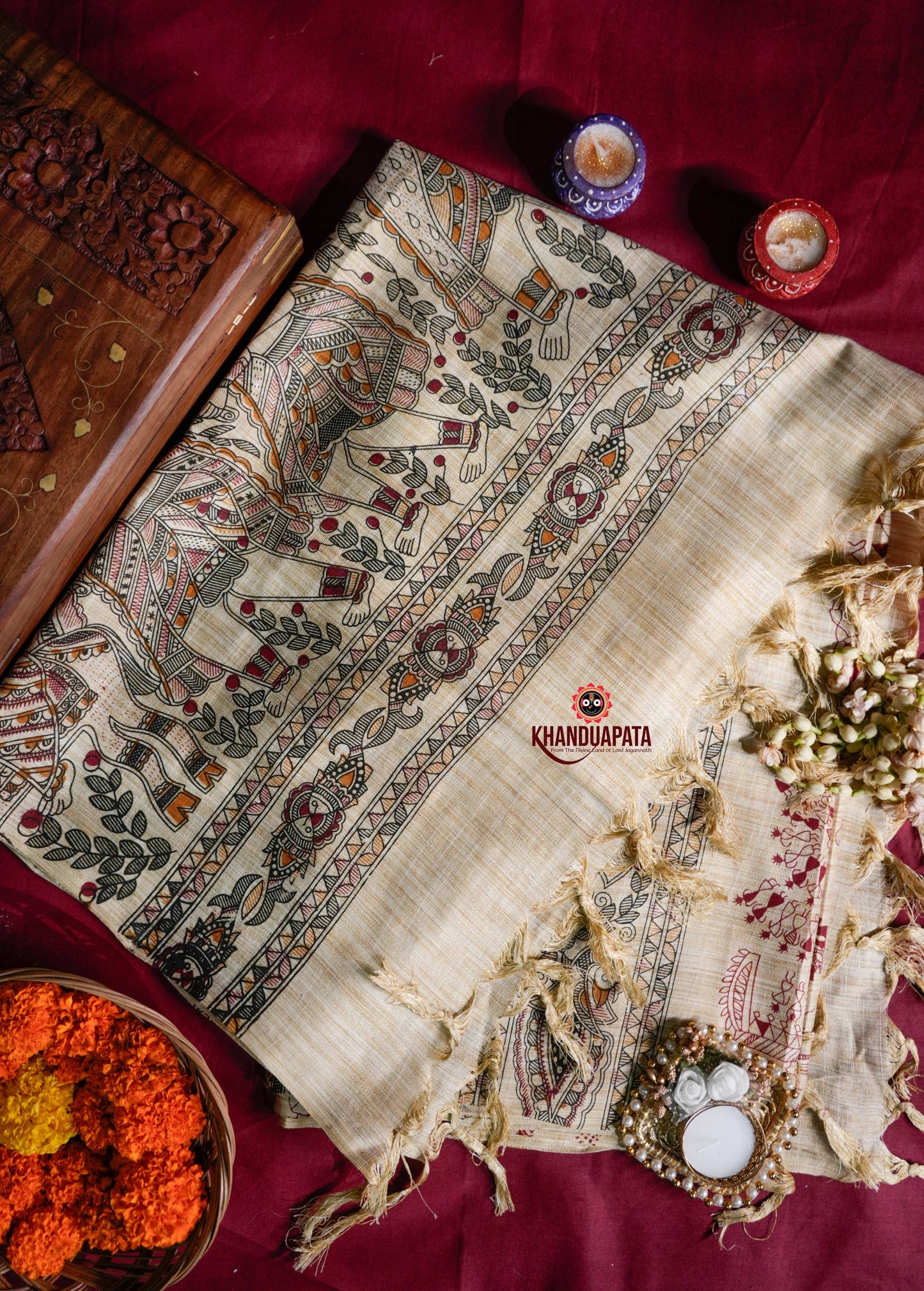 Beige & Maroon Peacock Design Khadi Cotton Stole For Women