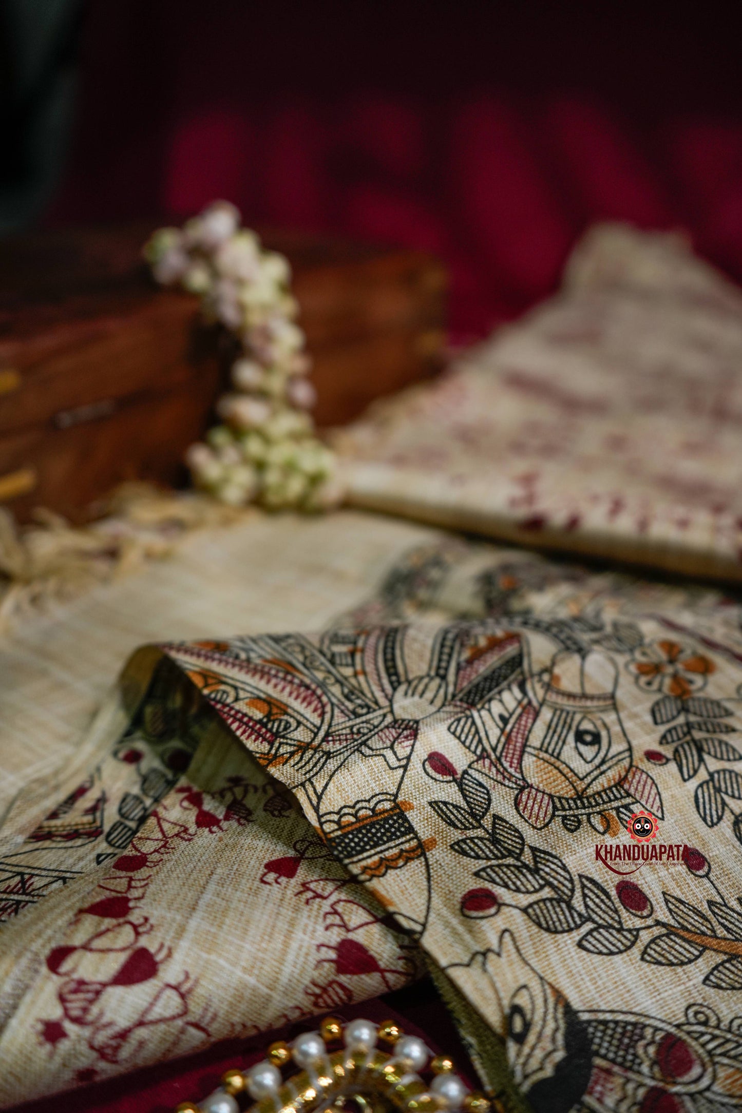 Beige & Maroon Peacock Design Khadi Cotton Stole For Women
