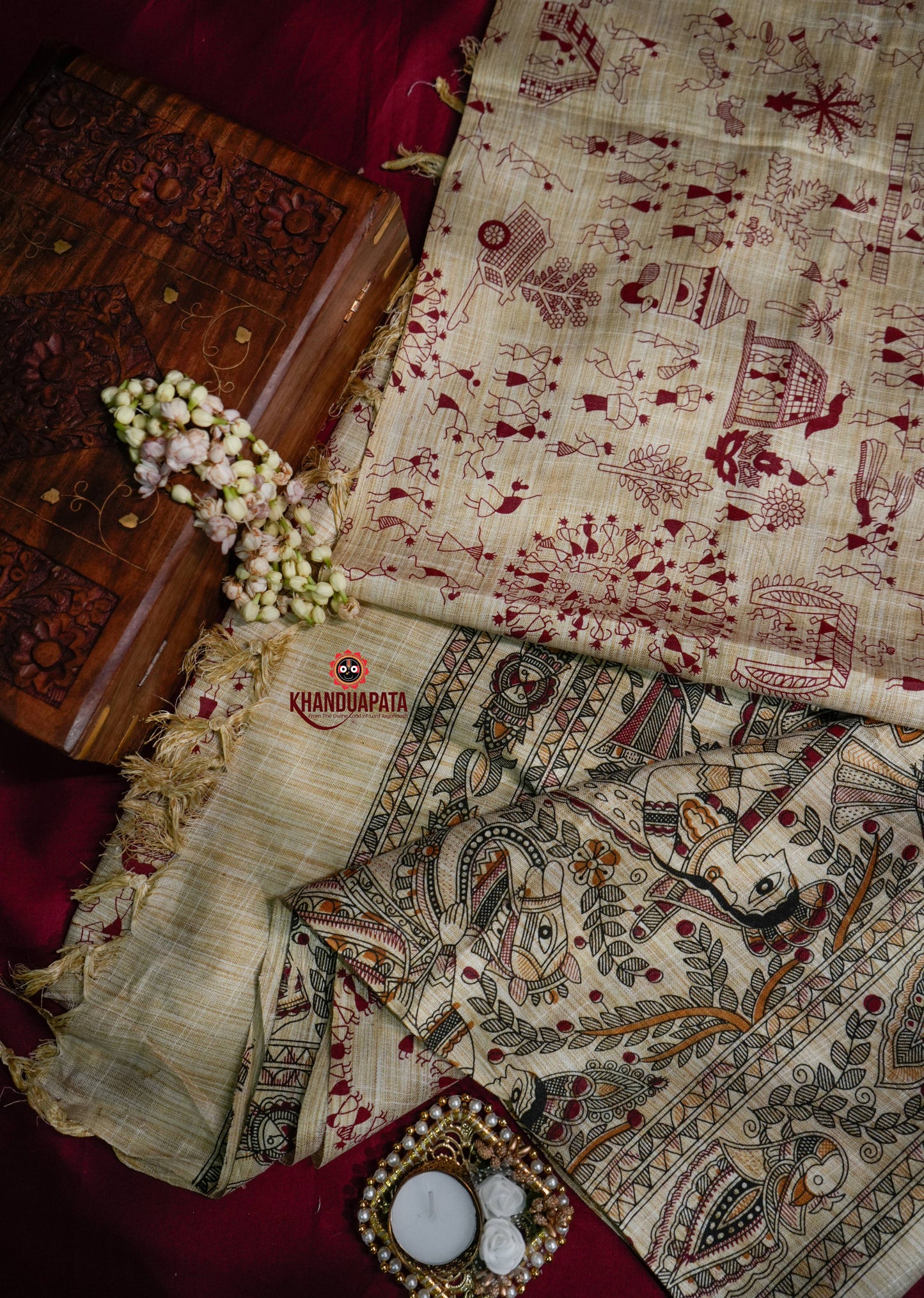 Beige & Maroon Peacock Design Khadi Cotton Stole For Women