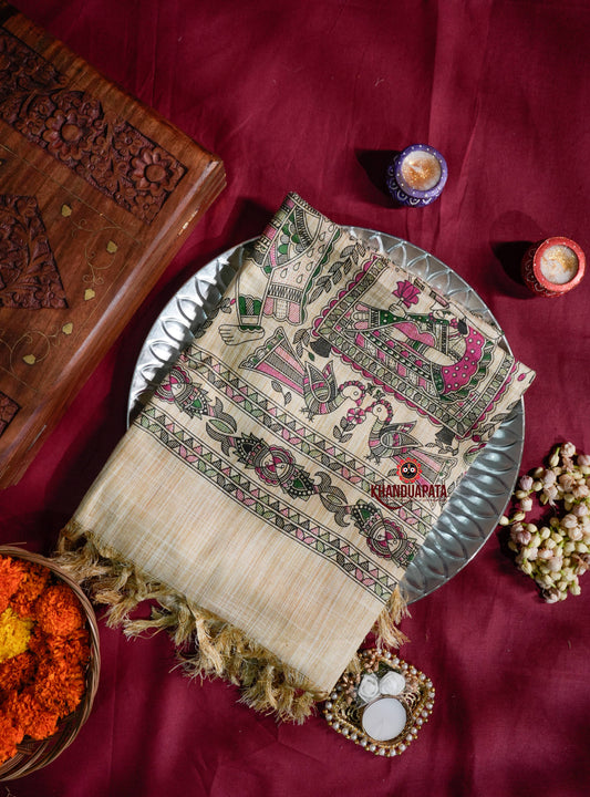 Beige & Multicolour Peacock Design Khadi Cotton Stole For Women