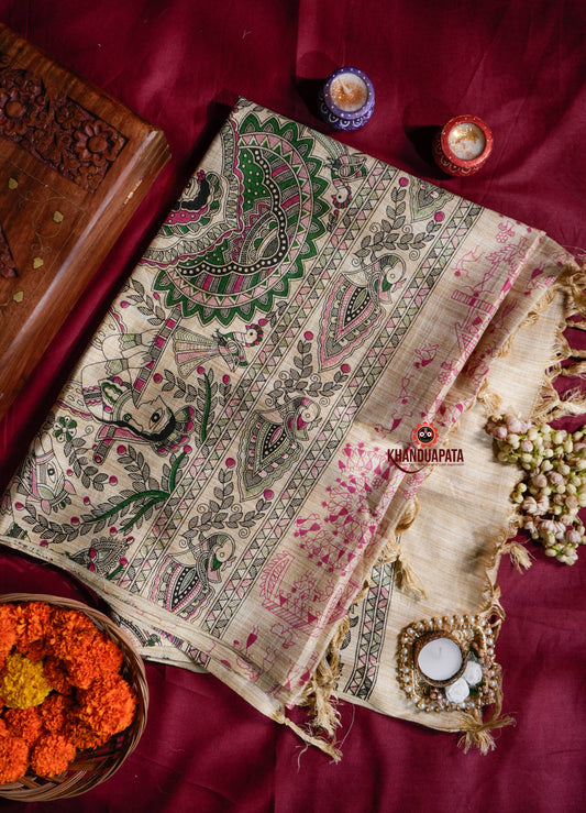 Beige & Multicolour Peacock Design Khadi Cotton Stole For Women