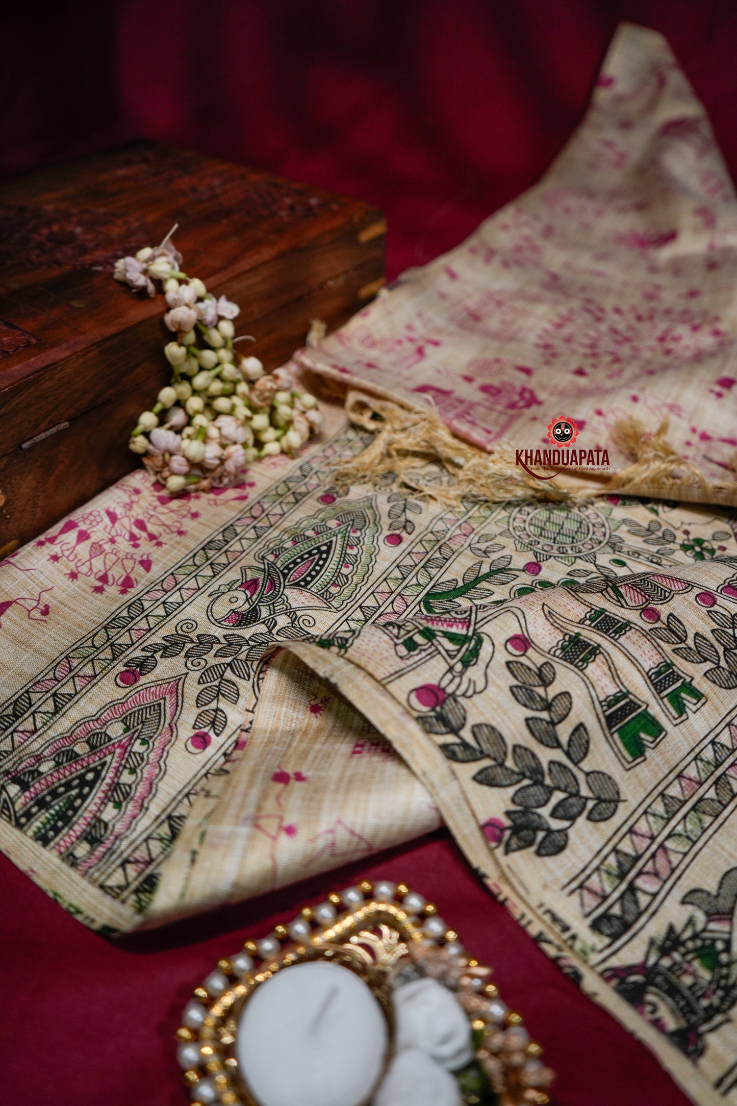 Beige & Multicolour Peacock Design Khadi Cotton Stole For Women