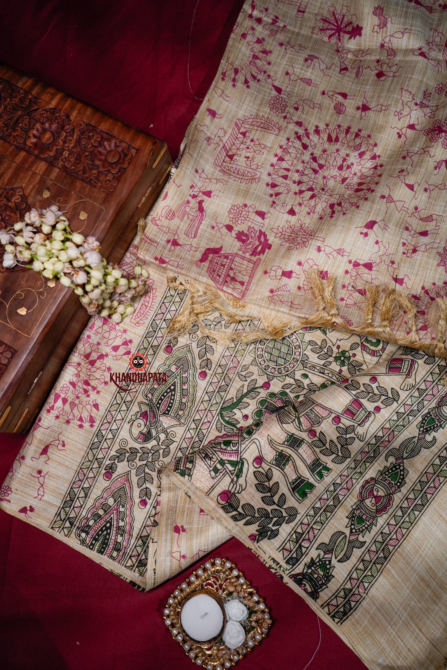 Beige & Multicolour Peacock Design Khadi Cotton Stole For Women