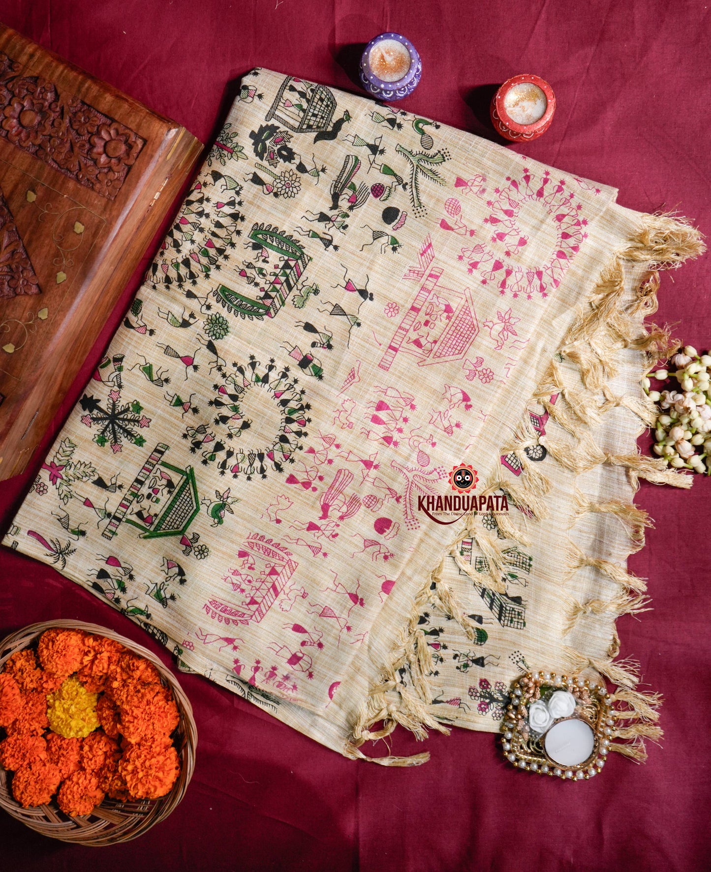 Beige & Pink Colour Festive Vibes Design Khadi Cotton Stole For Women