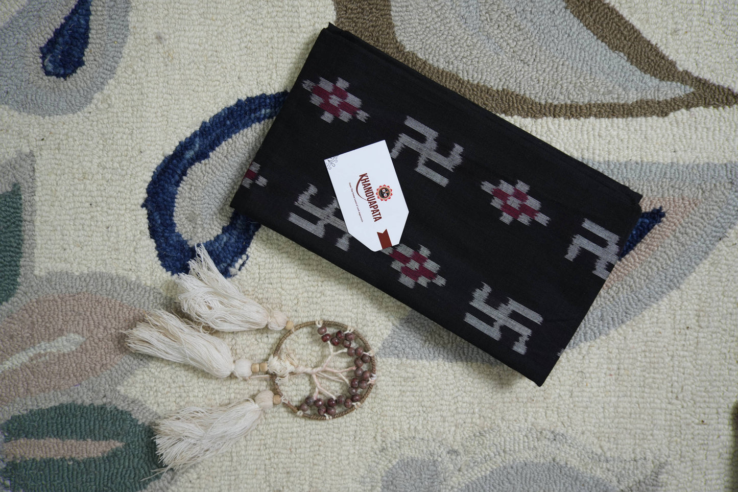 Black & Light Blue Pasapali Swastik Design Unstitched Cotton Suit For Women