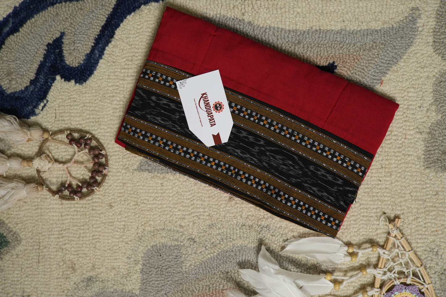 Red & Black Small Box Unstitched Cotton Suit For Women