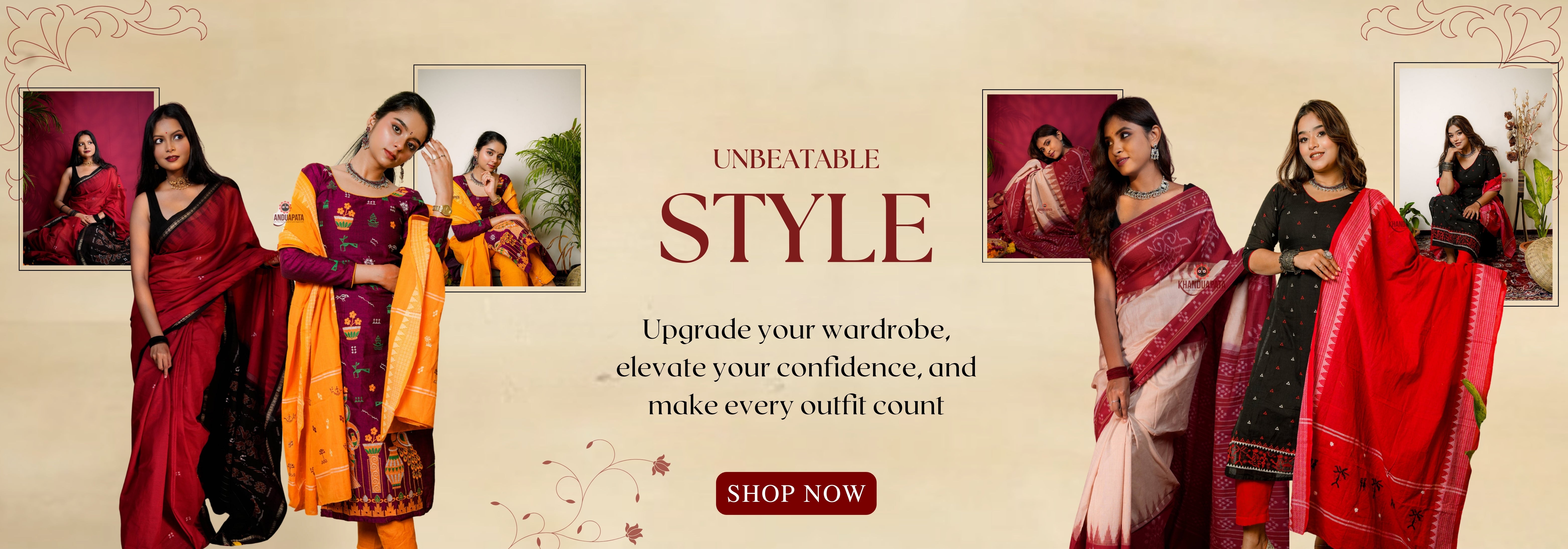 Advertisement for sarees with text on a beige background