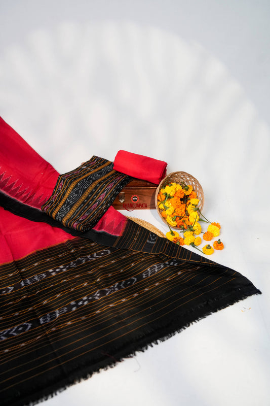 Red & Black Pot Design Unstitched Cotton Suit For Women