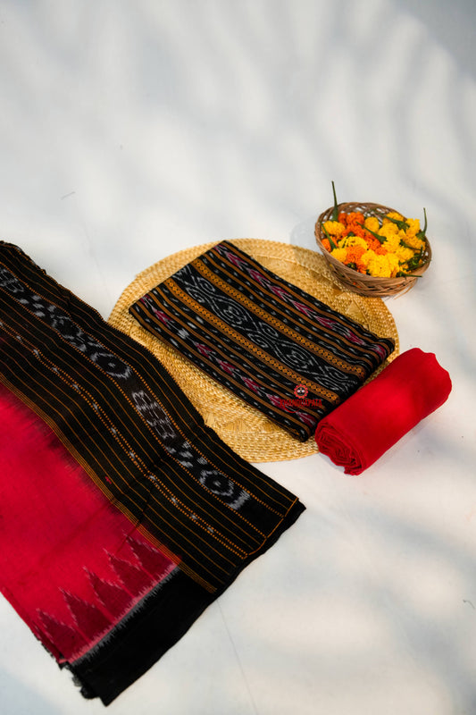 Red & Black Pot Design Unstitched Cotton Suit For Women