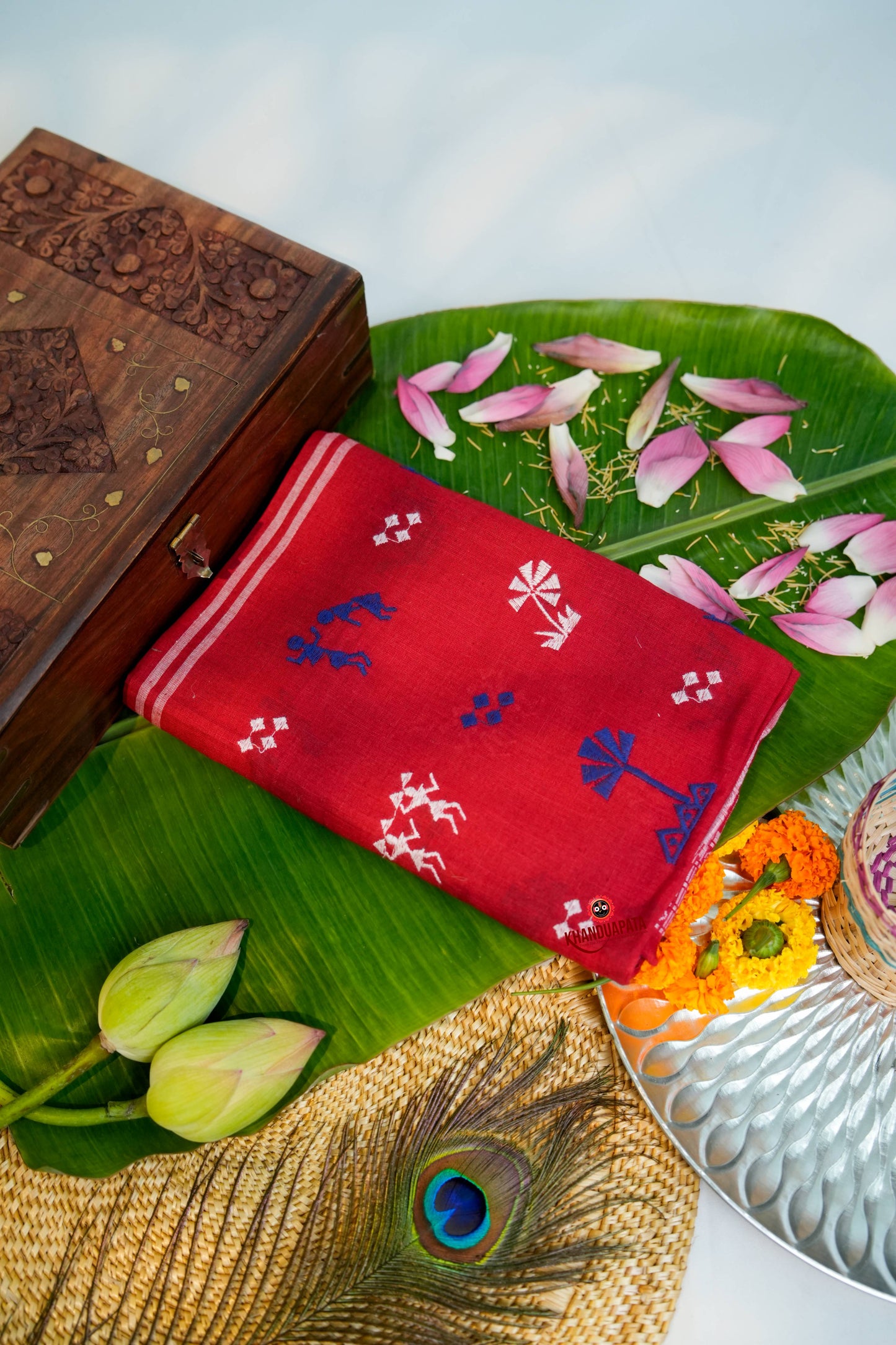 Red & Blue Embroidery Tribal Design Unstitched Cotton Suit For Women
