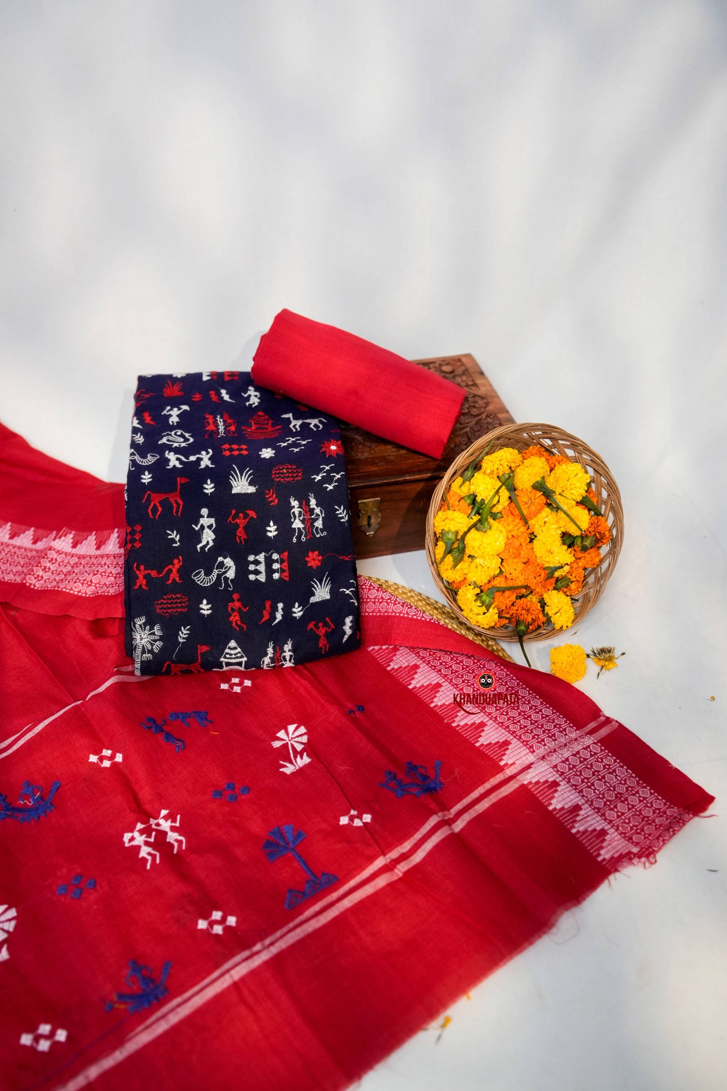Red & Blue Embroidery Tribal Design Unstitched Cotton Suit For Women
