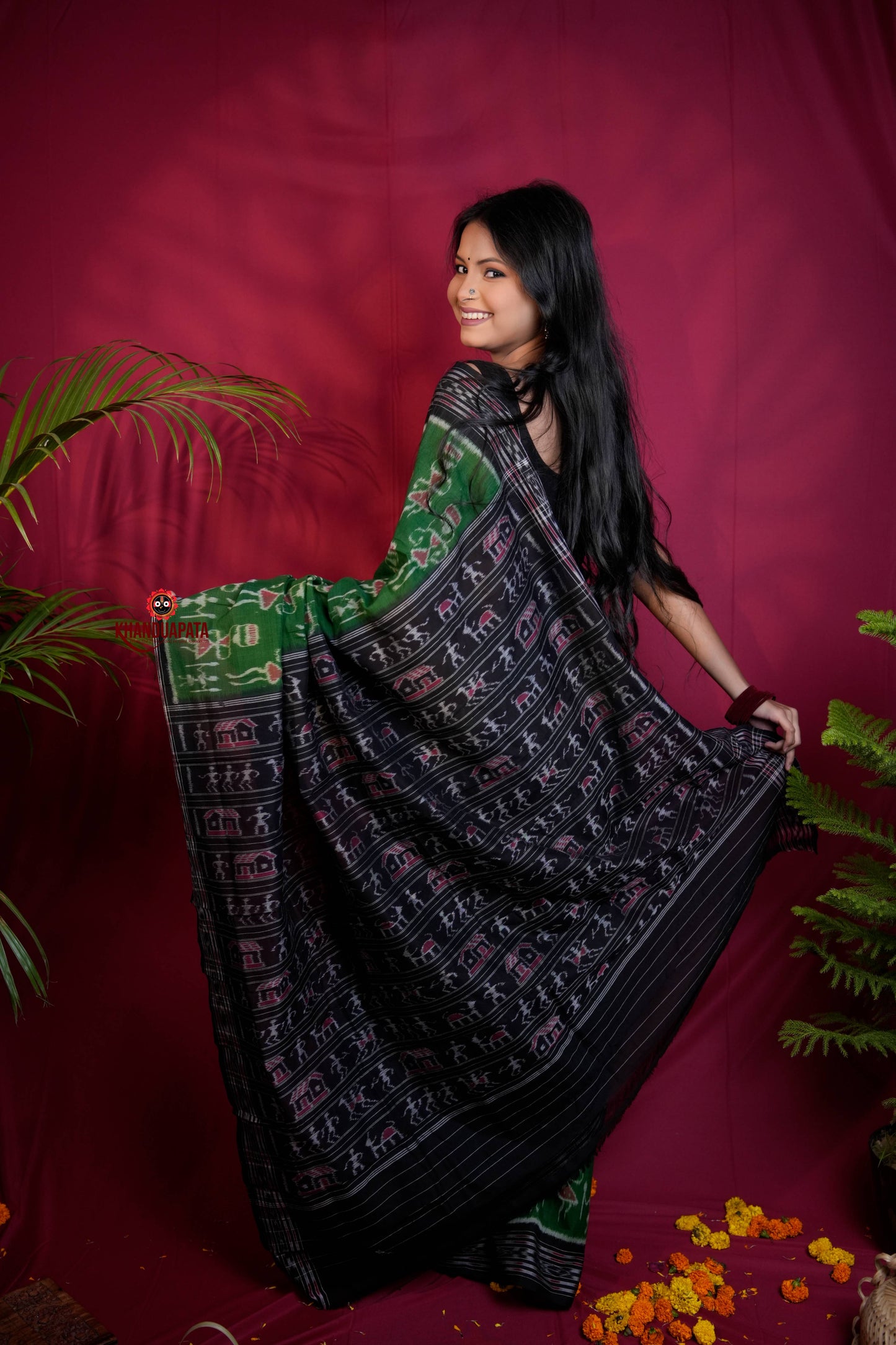 Black & Green Colour Doll Design Cotton Saree For Women