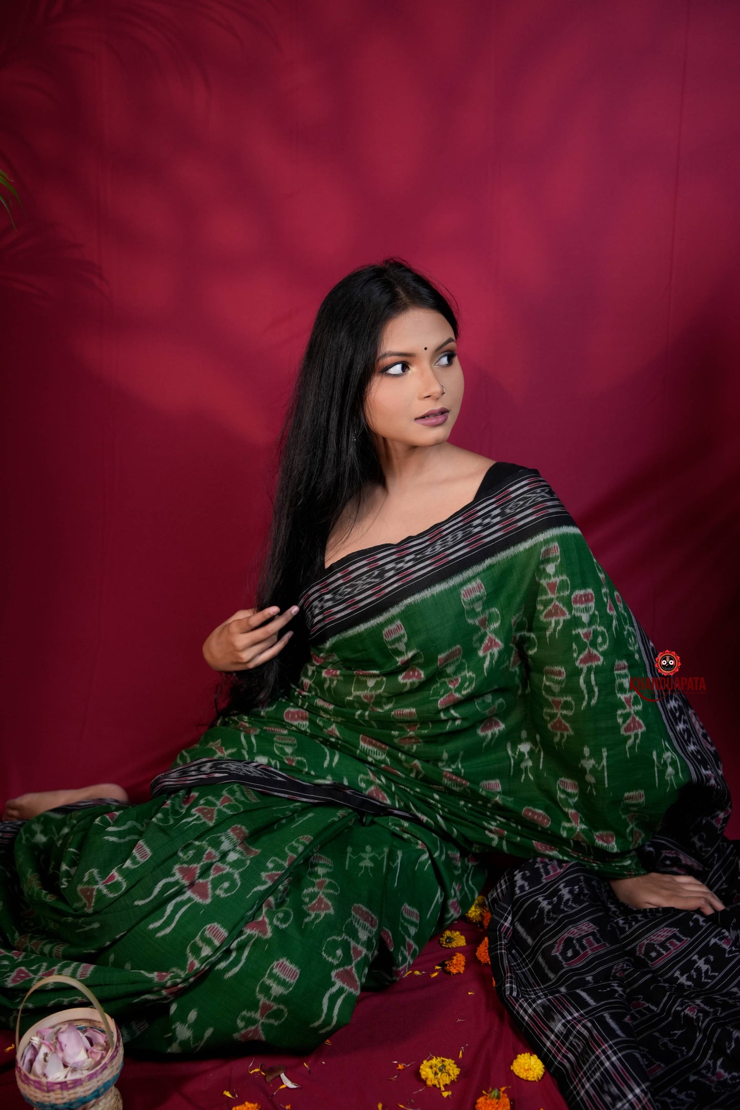 Black & Green Colour Doll Design Cotton Saree For Women