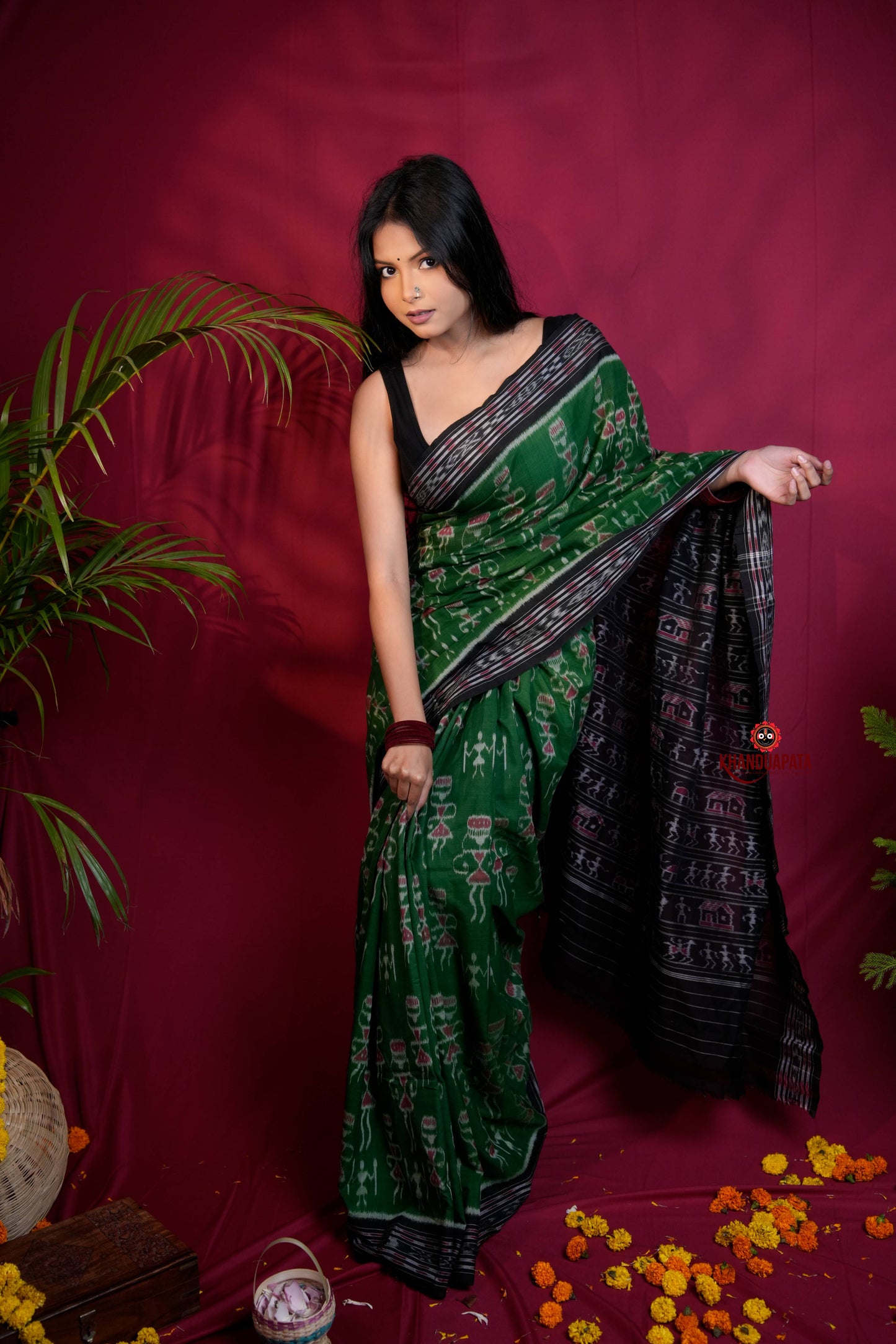 Black & Green Colour Doll Design Cotton Saree For Women
