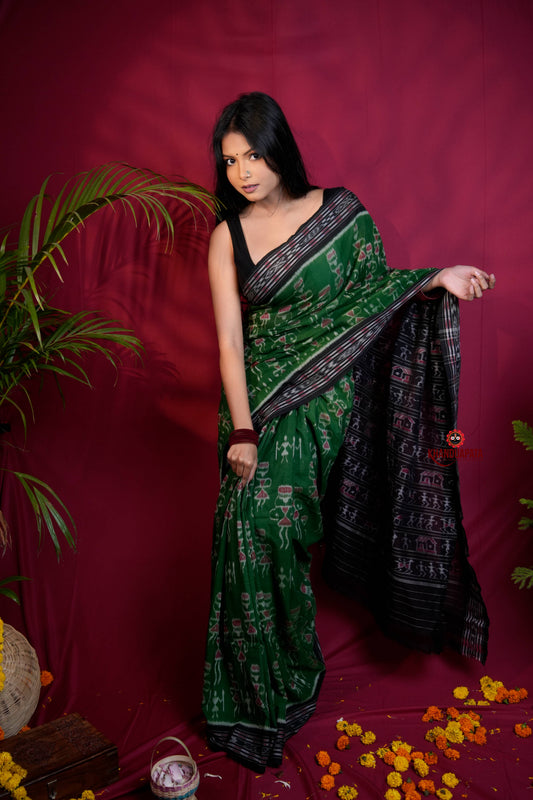 Black & Green Colour Doll Design Cotton Saree For Women