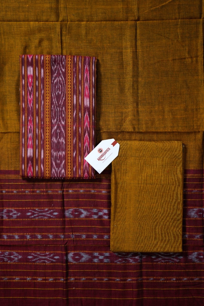 Maroon & Mustard Pot Design Unstitched Cotton Suit For Women